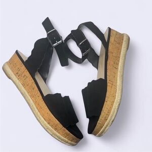 Marc Fisher Womens Faitful Black Leather Suede Cork Wedge Sandals Sz 9.5 EUC